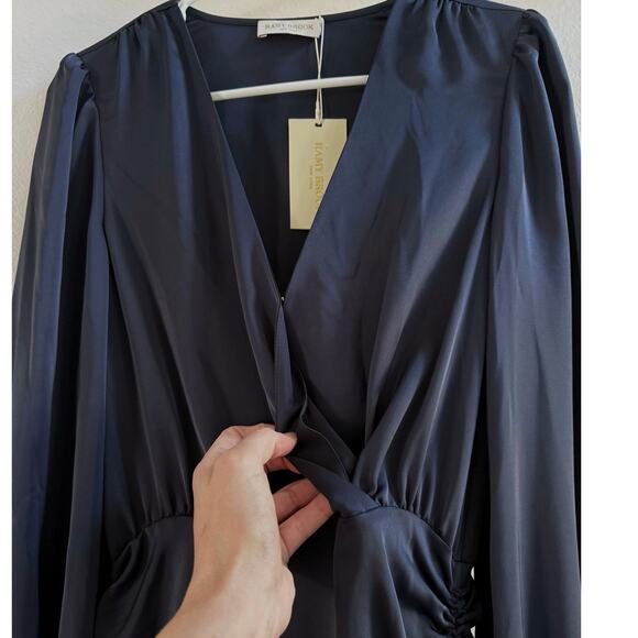 Ramy Brook NWT Foxy Blue Satin Ruched V-Neck Mini Dress Long Sleeve Size 2 - Picture 5 of 13